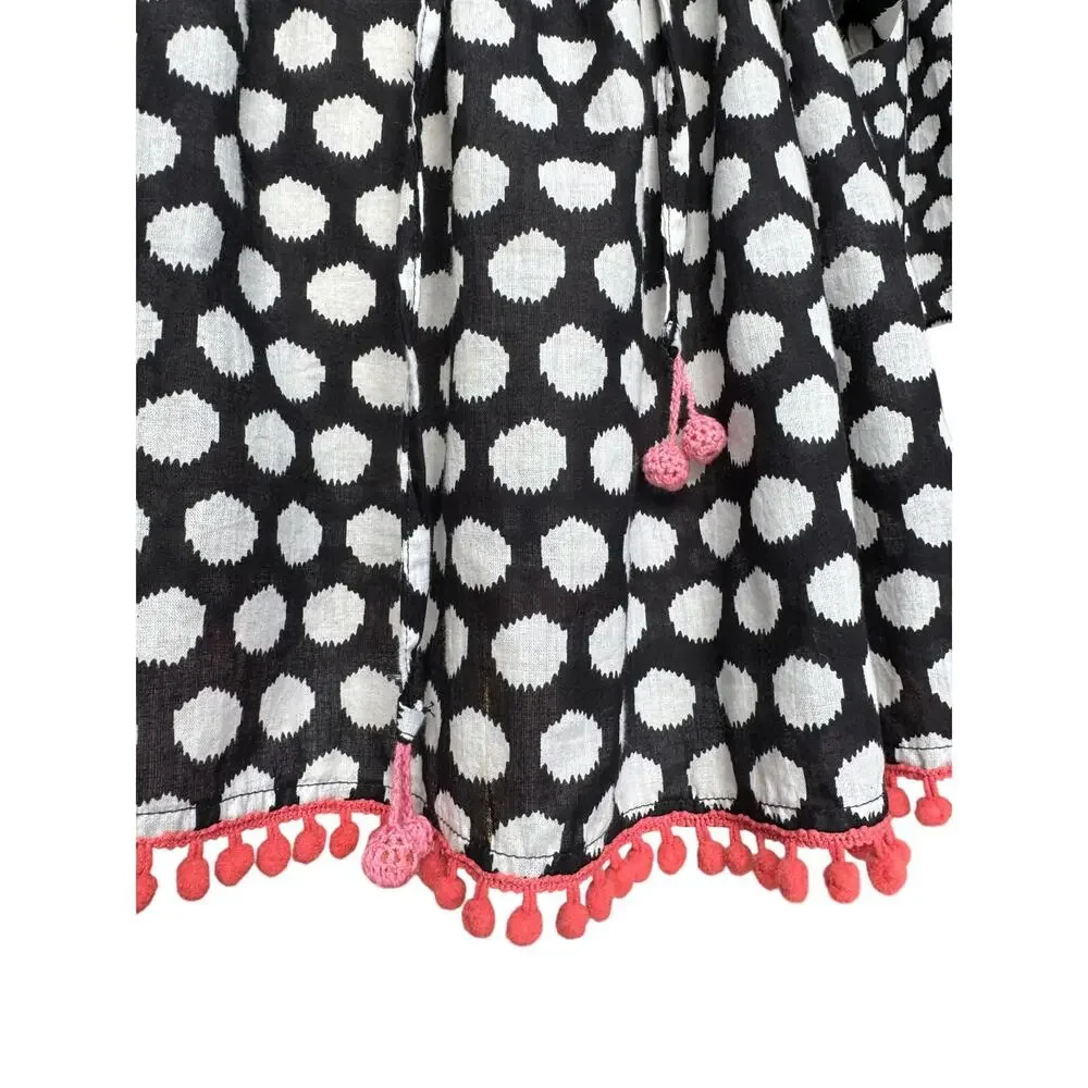 Shiraleah Chicago Polka Dot Cotton Cover Up Tunic Pom Trim Belted Medium